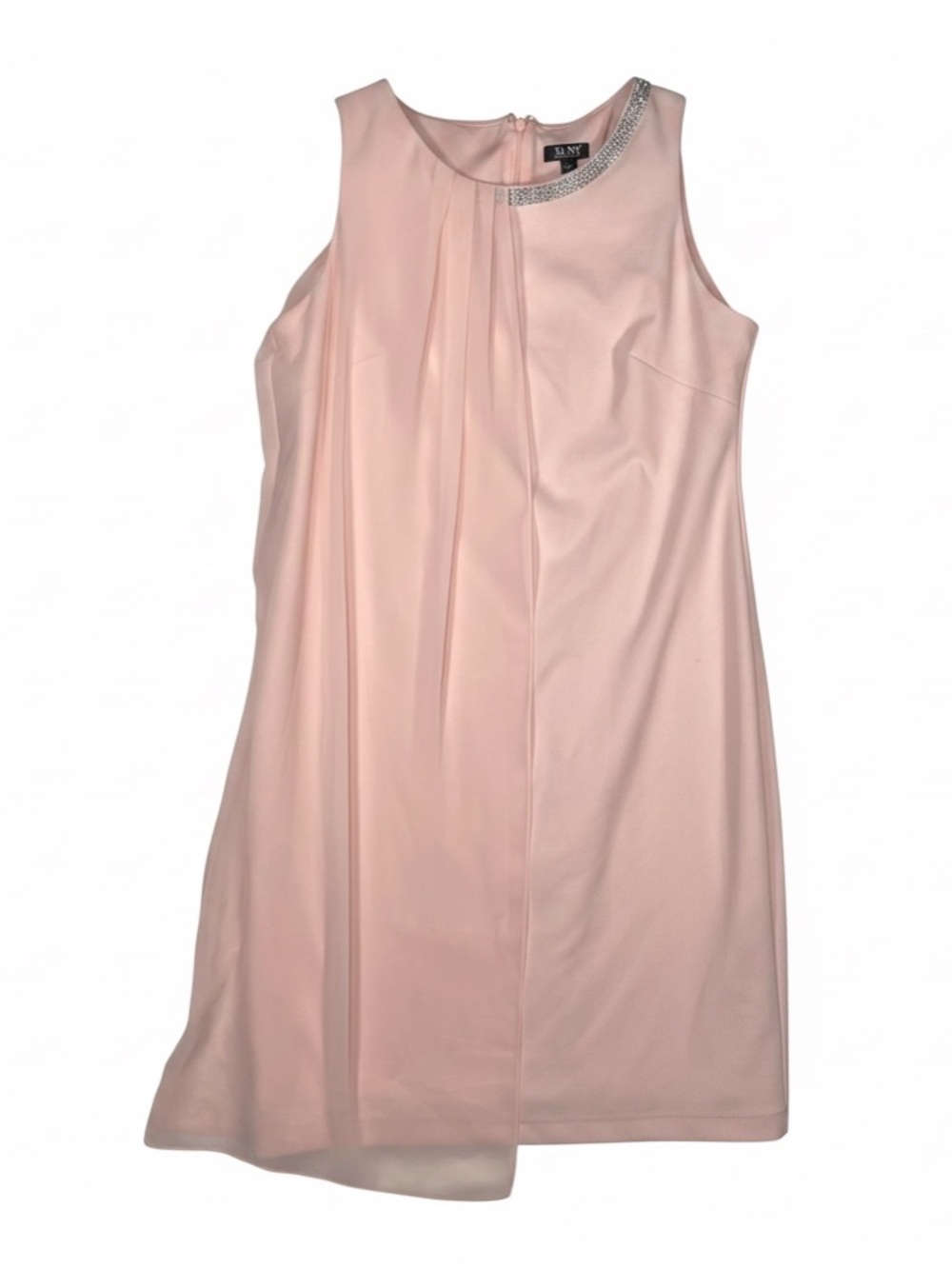 SLNY Pink Chiffon‎ Overlay Sheath Dress Size 14 Rhinestone Neck Cocktail Formal